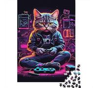 Néon Chat Joueur 1000 Pièce Carton Extra Épais Jeu De Puzzle pour Enfants Débutants Jeu Amusant Et Stimulant Soulagement du Stress Idée Cadeau 52x38cm/1000pcs