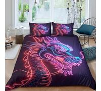 Neon Dragon Housse de Couette Microfibre Hypoallergique 3 Pièces 3D Effet Respirante Vibrant Digital Art Ensemble De Literie avec Fermeture Éclair Douce for Garçons Filles Double（200x200cm）