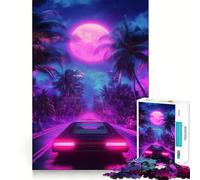 Neon Drive Under The Moon Puzzle de 1000 pièces pour Adultes Jeu d'entraînement cérébral Paisible et Amusant Pièce d'art à Assembler (38x26cm)