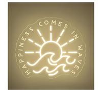 Néon Enseignes lumineuses Decor Enseigne Au Néon Happiness Comes In Waves Avec Lumière À Intensité Variable Pour Les Vacances La Mer Ou L'été Décoration Murale(C,45cm)