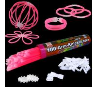 NEON FUN Lot de 100 bâtons lumineux à craquer pour bras - Rose - Qualité contrôlée - Évaluation 1,4 très bonne - 8 h - 100 connecteurs très élastiques - 2 connecteurs triples - 2 connecteurs
