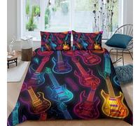 Neon guitar design Parure de Lit 3D Effet Microfibre 3 Pièces Hypoallergique Electric rock style Housse de Couette avec Taie d'oreiller Ultra Douce for Enfants Garçons Ado Super king（260x220cm）
