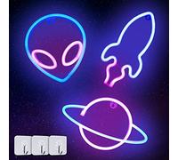 Neon Light Sign, 3 Pcs Rocket Planet Alien Space Neon Sign Batterie USB Neon Sign Light Néon Signe Planète Lampe pour Chambre à Coucher Salle de Jeux Bar Fête Pépinière Fête d'anniversaire