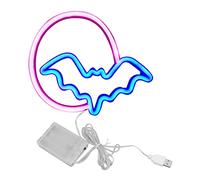 Neon Moon and Bat LED Lights, 25x21.5cm PVC, USB and Battery Powered - Lumière Douce et Sécurisée, Éclairage Économique, Décoration Halloween et Fête