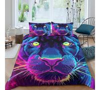 Neon Panther Face Housse de Couette 3D Effet Microfibre 3 Pièces Hypoallergique Vibrant Digital Art Parure de Lit avec Taie d'oreiller Ultra Douce for Fille Single（135x200cm）