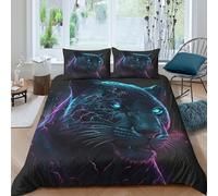 Neon Panther Housse de Couette 3 pièces 3D Effet Microfibre résistante Cyberpunk Digital Art Linge de Lit avec Taie d'oreiller Entretien Facile for Couple Double（200x200cm）