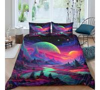 Neon Planet Landscape Linge de Lit Hypoallergique 3 pièces Imprimé en 3D Respirante Vibrant sci-FI Art Parure de Lit avec 2 Taies d'oreiller Super Douce for Chambre Adulte Double（200x200cm）