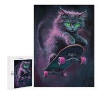 Neon Skateboarding Cat Art Print Puzzle 1000 Pièces Educa Jouet en Bois Cadeau Unique Décoration Intérieure Jeu Éducatif Challenge Toy Adultes Et Enfants À Partir De 14 Ans 500 PCS