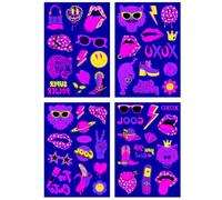 Neon Tatouage Temporaire Fluorescent 4 Feuilles Glow in The Dark Faux Tatouage Fluo Neon Glow UV Autocollant de Tatouage Phosphorescent Faux Tatouage Fluorescent de Visage Corps pour Body Art