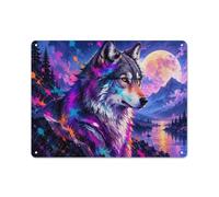 Neon Wolf Mountain Moon Plaque Métallique 30x40cm Déco Maison | Rafraîchissez l'atelier avec des décors muraux en métal comme détail déco.