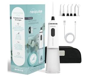 NEOPULSE EASY® - Jet Dentaire Hydropulseur Irrigateur Oral - Usage Familial - 5 Niveaux de Pression - Grand Réservoir de 240ML - 6 embouts - Gencives Sensibles et Orthodontie - Transportable - Blanc