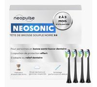 NEOPULSE® - Lot de 4 Recharges de Têtes de Brosse Souples Noires en Nylon pour Brosse à Dents Électrique Sonique NEOSONIC® - Compatible NEOKIDS® - 3D : Brins courts et longs - Indicateur d'Usure
