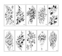 Neoreser Temporaire Tatouages 10 Feuilles, Autocollants, Fleurs Noires Ephemere Faux Tatouages pour Adultes Hommes et Femmes