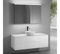neoro n50 Ensemble de meubles l : 140 cm, 6 tiroirs, vasque Ø 45 cm blanc mat, avec armoire de toilette,, BN0106WM+BN0421WH+2#BN0420WH+BN0408WM+BN0475MI,