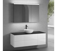 neoro n50 Ensemble de meubles l: 140 cm, 6 tiroirs, vasque Ø 45 cm blanc mat, avec armoire de toilette,, BN0106WM+BN0421BWH+2#BN0420BWH+BN0408BM+BN0475MI,