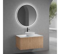 neoro n50 line Meuble bas l: 100 cm, 1 tiroir, façade en chêne striée, vasque Ø 40 cm blanc mat, plan de toilette blanc mat, avec miroir, BN0064WM+BN0463BPO+BN0403WM+BN0023MI,