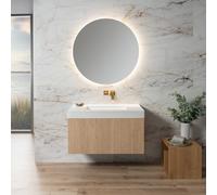 neoro n50 line Meuble bas l: 100 cm, 1 tiroir, façade en chêne striée, vasque area sans trou percé blanc mat, avec miroir, BN0463BPO+BN0159WM+BEA034MI,
