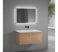 neoro n50 line Meuble bas l: 100 cm, 1 tiroir, façade en chêne striée, vasque sans trou percé blanc mat, avec miroir, BN0097WM+BN0463BPO+BN0016MI,