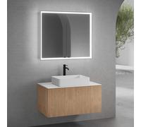 neoro n50 line Meuble bas l: 100 cm avec 1 tiroir, façade en chêne striée, vasque l : 58 cm, blanc mat, plan de toilette blanc mat, avec armoire de toilette n60, BN0065WM+BN0463BPO+BN0403WM+BN0493MI,