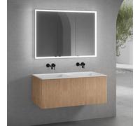 neoro n50 line Meuble bas l: 120 cm, 1 tiroir, façade en chêne striée, double vasque sans trou percé blanc mat, avec armoire de toilette n60, BN0099WM+BN0464BPO+BN0494MI,
