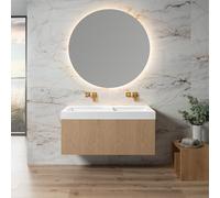 neoro n50 line Meuble bas l: 120 cm, 1 tiroir, façade en chêne striée, plan vasque double area sans trou percé blanc mat, avec miroir, BN0464BPO+BN0161WM+BEA056MI,