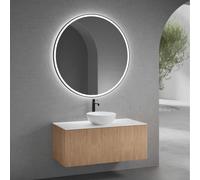 neoro n50 line Meuble bas l: 120 cm, 1 tiroir, façade en chêne striée, vasque Ø 40 cm blanc mat, plan de toilette blanc mat, avec miroir, BN0064WM+BN0464BPO+BN0404WM+BN0024MI,