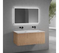 neoro n50 line Meuble bas l: 120 cm, 1 tiroir, façade en chêne striée, vasque double sans trou percé blanc mat, avec miroir, BN0099WM+BN0464BPO+BN0017MI,