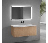 neoro n50 line Meuble bas l: 120 cm, 1 tiroir, façade en chêne striée, vasque sans trou percé blanc mat, avec miroir, BN0101WM+BN0464BPO+BN0017MI,