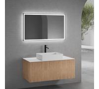 neoro n50 line Meuble bas l: 120 cm avec 1 tiroir, façade en chêne striée, vasque l : 58 cm, blanc mat, plan de toilette blanc mat, avec miroir, BN0065WM+BN0464BPO+BN0404WM+BN0017MI,