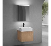 neoro n50 line Meuble bas l: 60 cm avec 1 tiroir, façade en chêne striée, vasque l : 58 cm, blanc mat, plan de toilette blanc mat, avec armoire de toilette, BN0065WM+BN0461BPO+BN0401WM+BN0472MI,