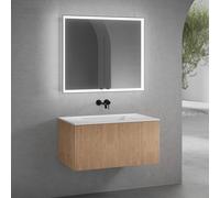 neoro n50 Meuble bas l: 100 cm, 1 tiroir, façade en chêne striée, vasque sans trou percé blanc mat, avec armoire de toilette n60, BN0097WM+BN0463BPO+BN0493MI,