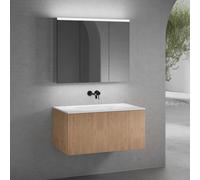 neoro n50 Meuble bas l: 100 cm, 1 tiroir, façade en chêne striée, vasque sans trou percé blanc mat, avec armoire de toilette, BN0097WM+BN0463BPO+BN0474MI,