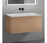 neoro n50 Meuble bas l: 100 cm, 1 tiroir, façade en chêne striée, vasque sans trou percé blanc mat, BN0097WM+BN0463BPO,