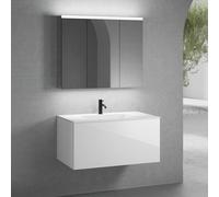 neoro n50 Meuble bas l: 100 cm, 1 tiroir, vasque blanche avec 1 trou de robinetterie, avec armoire de toilette, BN0096WH+BN0433WH+BN0474MI,