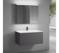 neoro n50 Meuble bas l: 100 cm, 1 tiroir, vasque blanche avec 1 trou de robinetterie, avec armoire de toilette, BN0096WH+BN0433GR+BN0474MI,