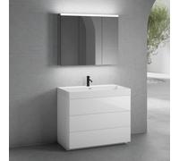 neoro n50 Meuble bas l : 100 cm, 3 tiroirs, vasque blanc mat avec 1 trou percé, avec armoire de toilette,, BN0139WM+BN0453WH+BN0474MI,