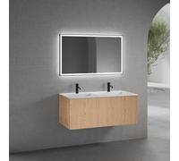 neoro n50 Meuble bas l: 120 cm, 1 tiroir, façade en chêne lisse, plan vasque double avec 2 trous de robinetterie, blanc mat, avec miroir, BN0098WM+BN0434BFO+BN0017MI,