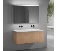 neoro n50 Meuble bas l: 120 cm, 1 tiroir, façade en chêne striée, plan vasque double sans trou percé blanc mat, avec armoire de toilette, BN0099WM+BN0464BPO+BN0475MI,