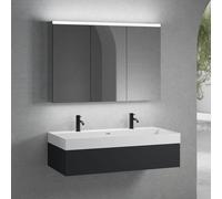 neoro n50 Meuble bas l : 120 cm, 1 tiroir, vasque double blanc mat avec 2 trous percés, avec armoire de toilette,, BN0141WM+BN0414BM+BN0475MI,