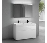 neoro n50 Meuble bas l : 120 cm, 2 tiroirs, vasque double blanc mat avec 2 trous percés, avec armoire de toilette,, BN0141WM+BN0444WH+BN0475MI,