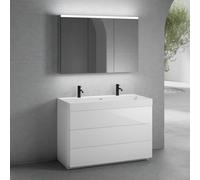 neoro n50 Meuble bas l : 120 cm, 3 tiroirs, vasque double blanc mat avec 2 trous percés, avec armoire de toilette,, BN0141WM+BN0454WH+BN0475MI,