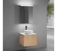 neoro n50 Meuble bas l: 60 cm, 1 tiroir, façade en chêne lisse, vasque Ø 40 cm blanc mat, plan de toilette blanc mat, avec armoire de toilette, BN0064WM+BN0431BFO+BN0401WM+BN0472MI,