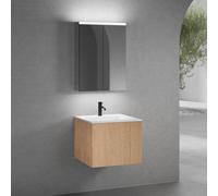 neoro n50 Meuble bas l: 60 cm, 1 tiroir, façade en chêne lisse, vasque avec 1 trou de robinetterie blanc mat, avec armoire de toilette, BN0092WM+BN0431BFO+BN0472MI,