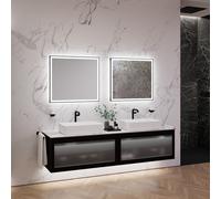 neoro n80 albus Meuble bas l: 200 cm avec 2 tiroirs, façade en verre striée, avec miroir, 2 vasques l: 58 cm,, 2#BN0065WM+2#BN0433PG+2#BN0403C1+2#BN0015MI,