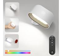 NEOVSUNY Applique murale LED d'intérieur avec télécommande avec batterie, contrôle tactile, 5 niveaux de luminosité, 3 modes de couleur, rotatif à 360°, LED RVB à intensité variable, applique murale