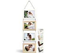 NEOWS Cadre Photo Multiple avec Corde pour Suspendre au Mur - Lot de Cadres Décoratifs pour Accrochage Mural Vertical - Porte Portrait Pele Mele - Photos 10x15 (Blanc et Chêne, 4 Photos Horizontal)