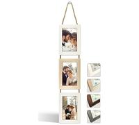 NEOWS Cadre Photo Multiple avec Corde pour Suspendre au Mur - Lot de Cadres Décoratifs pour Accrochage Mural Vertical - Porte Portrait Pele Mele - Photos 10x15 (Blanc et Chêne, 3 Photos Vertical)