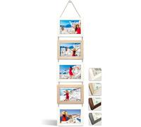 NEOWS Cadre Photo Multiple avec Corde pour Suspendre au Mur - Lot de Cadres Décoratifs pour Accrochage Mural Vertical - Porte Portrait Pele Mele - Photos 10x15 (Blanc et Chêne, 5 Photos Horizontal)