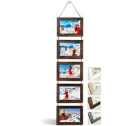 NEOWS Cadre Photo Multiple avec Corde pour Suspendre au Mur - Lot de Cadres Décoratifs pour Accrochage Mural Vertical - Porte Portrait Pele Mele - Photos 10x15 (Bois Vieilli, 5 Photos Horizontal)