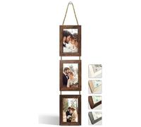 NEOWS Cadre Photo Multiple avec Corde pour Suspendre au Mur - Lot de Cadres Décoratifs pour Accrochage Mural Vertical - Porte Portrait Pele Mele - Photos 10x15 (Bois Vieilli, 3 Photos Vertical)